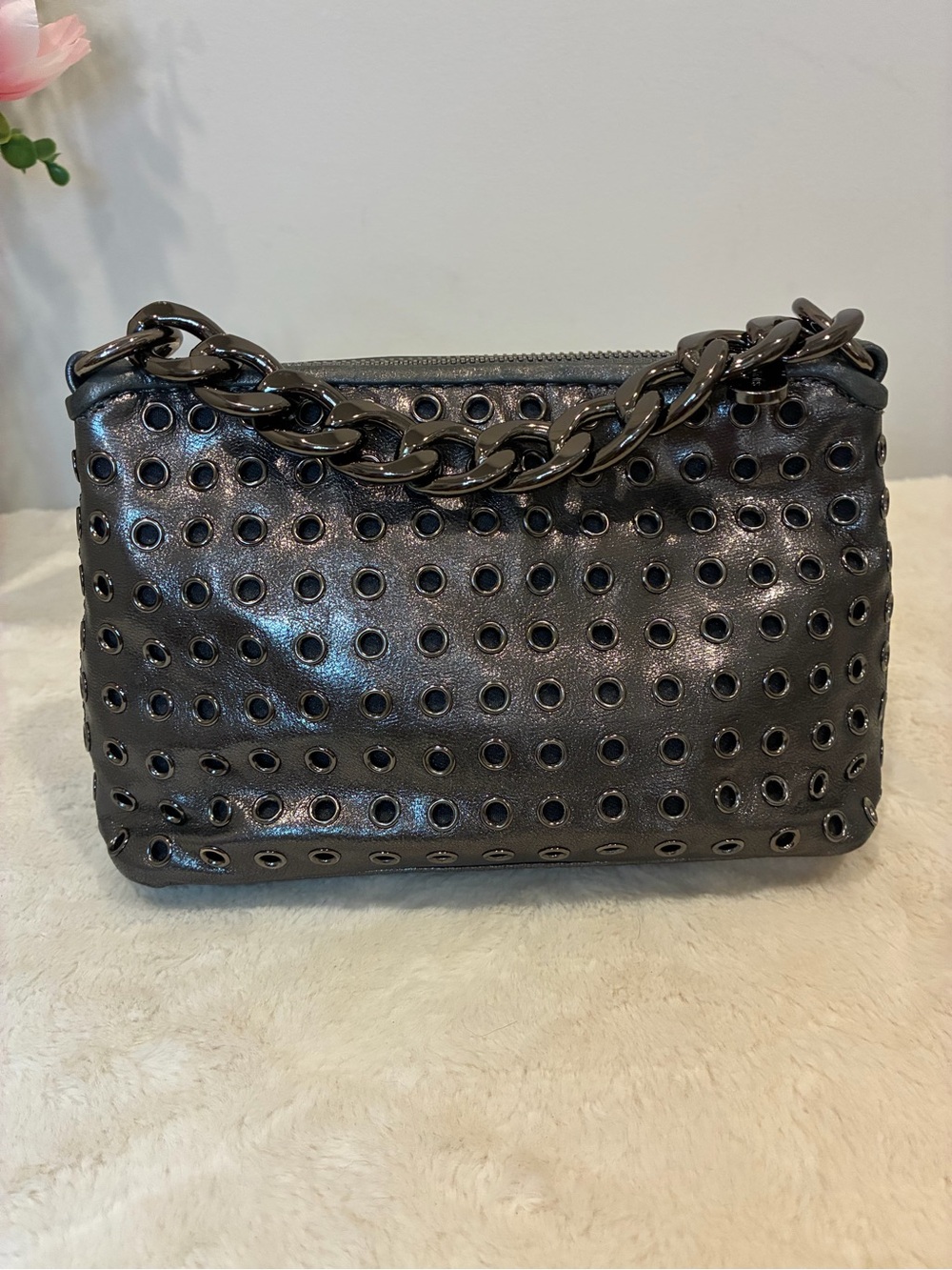 MICHAEL Michael Kors Metallic Gunmetal Perforated Shoulder Bag with Chunky Chain